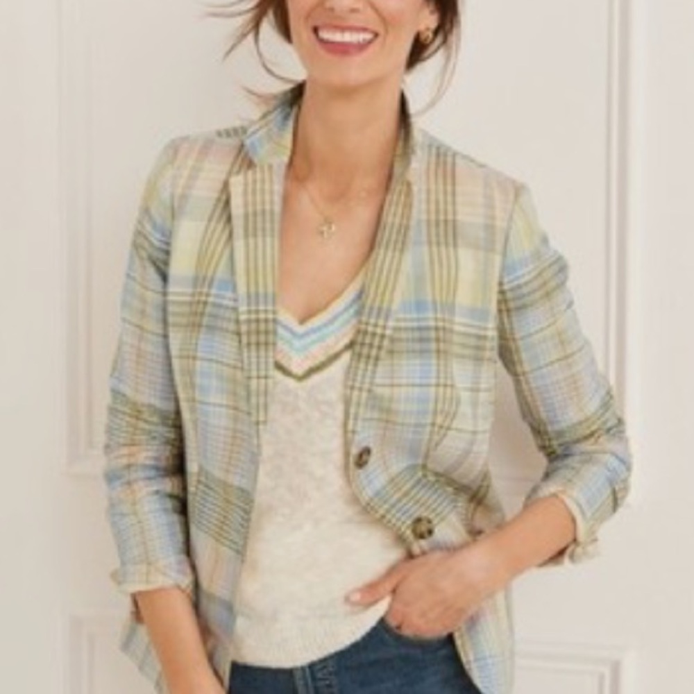 Talbots Pastel Madras Cotton Linen Plaid Blazer size 8